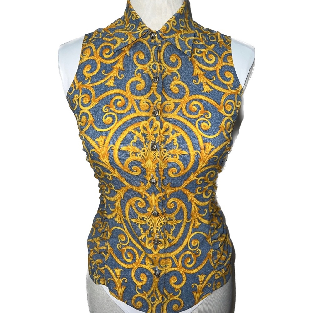 VERSACE Vintage 90’s Silk Light Blue “Denim” Baroque Printed Button Down Blouse